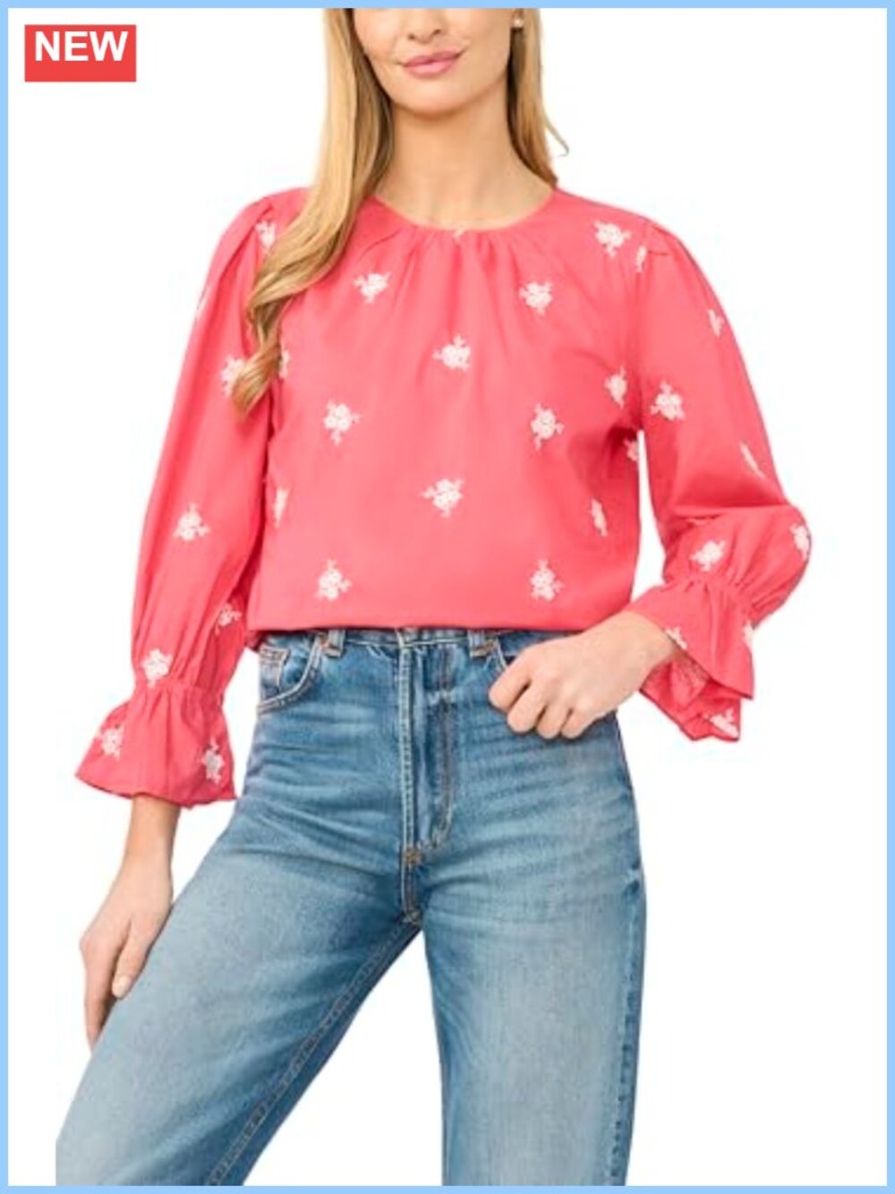CeCe Embroidered 3/4 Sleeve Blouse Button-Down Shirt